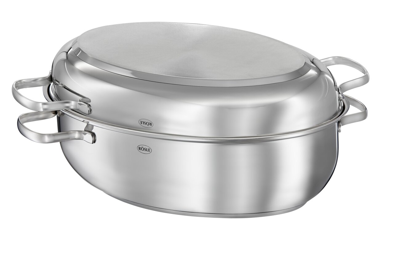 Rösle Bräter oval ELEGANCE Ovaler Bräter Elegance aus Edelstahl mit zwei Griffen, seitliche Perspektive