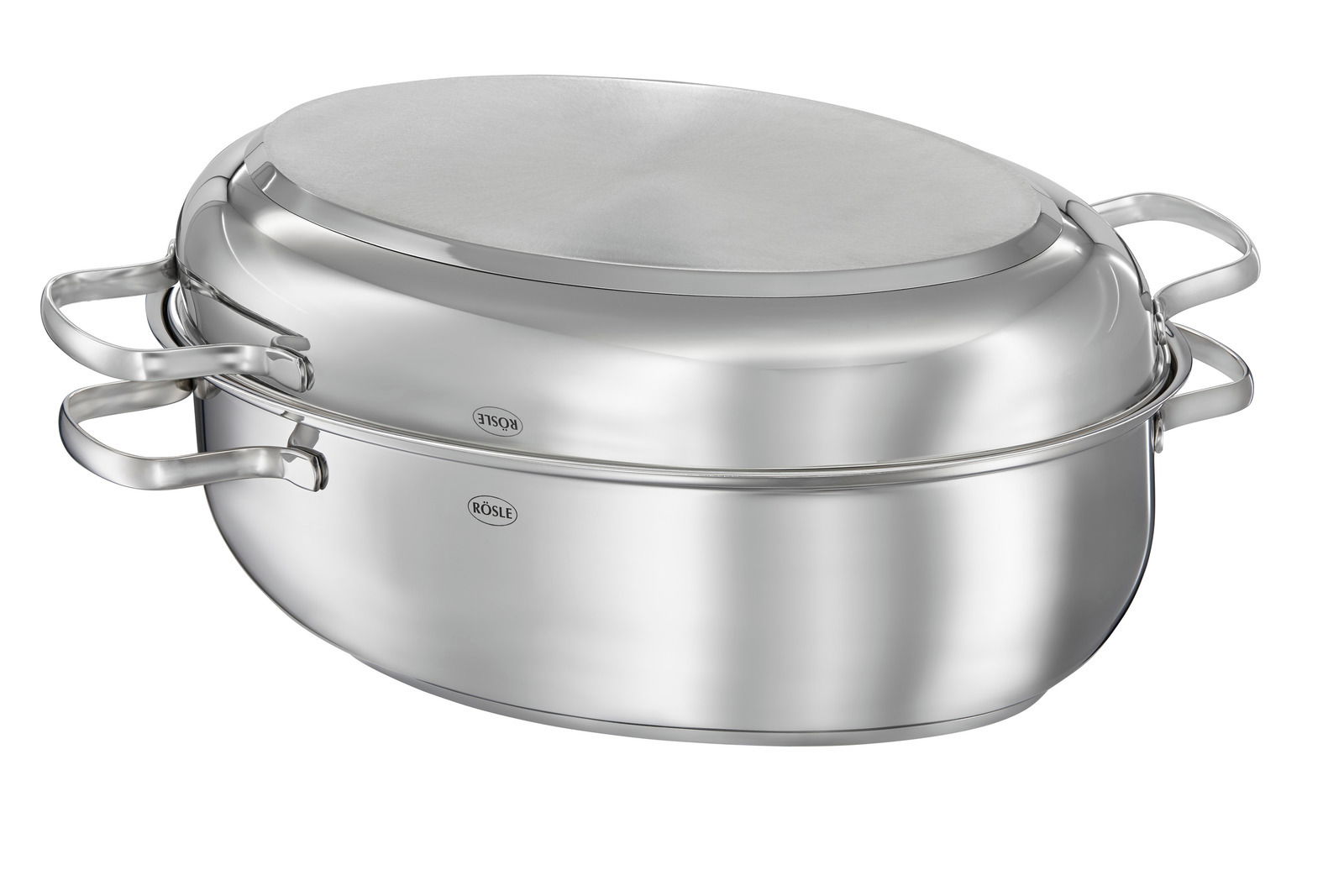 Rösle Bräter oval ELEGANCE Ovaler Bräter Elegance aus Edelstahl mit zwei Griffen, seitliche Perspektive