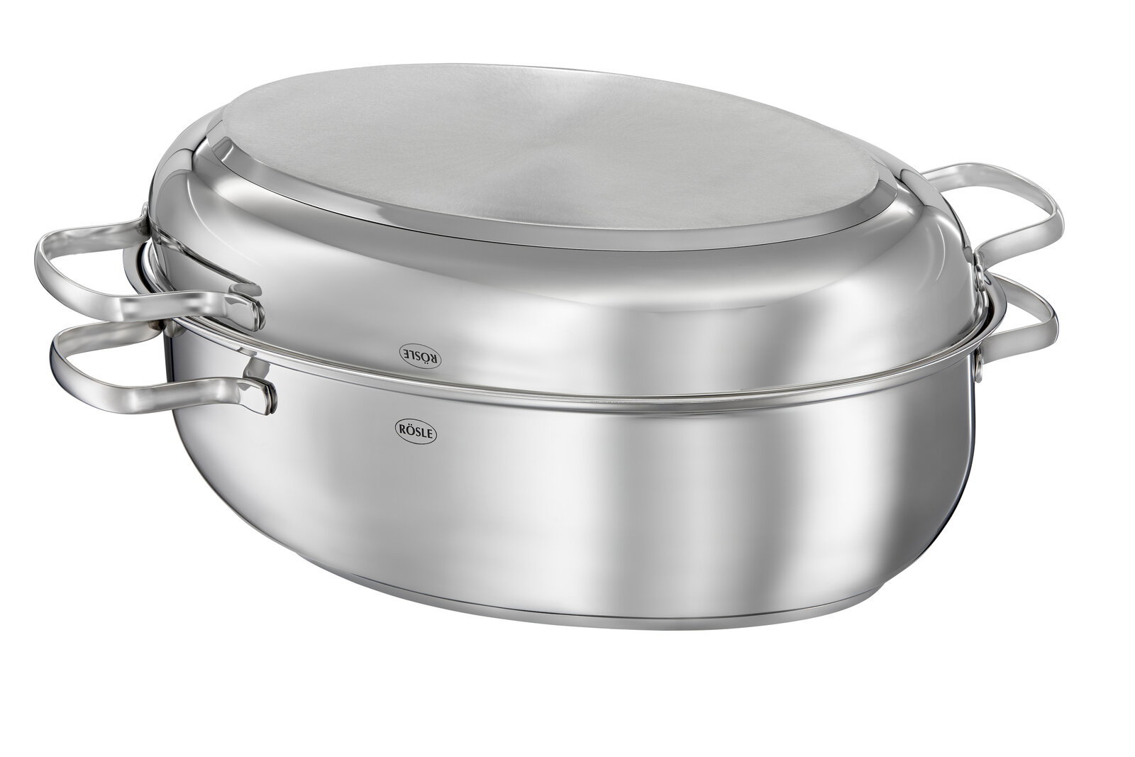 Rösle Bräter oval ELEGANCE Ovaler Bräter Elegance aus Edelstahl mit zwei Griffen, seitliche Perspektive