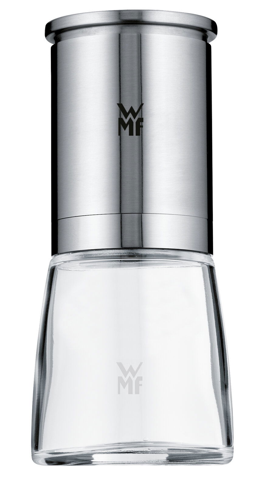 Gewürzmühle De Luxe aus Edelstahl und Glas, frontal abgebildet