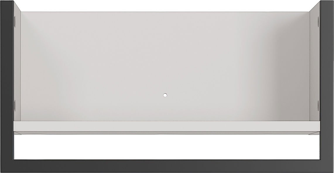 Frontale Ansicht eines rechteckigen, offenen Regals mit schwarzem Rahmen und weißem Innenraum.