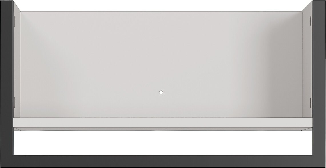 Frontale Ansicht eines rechteckigen, offenen Regals mit schwarzem Rahmen und weißem Innenraum.