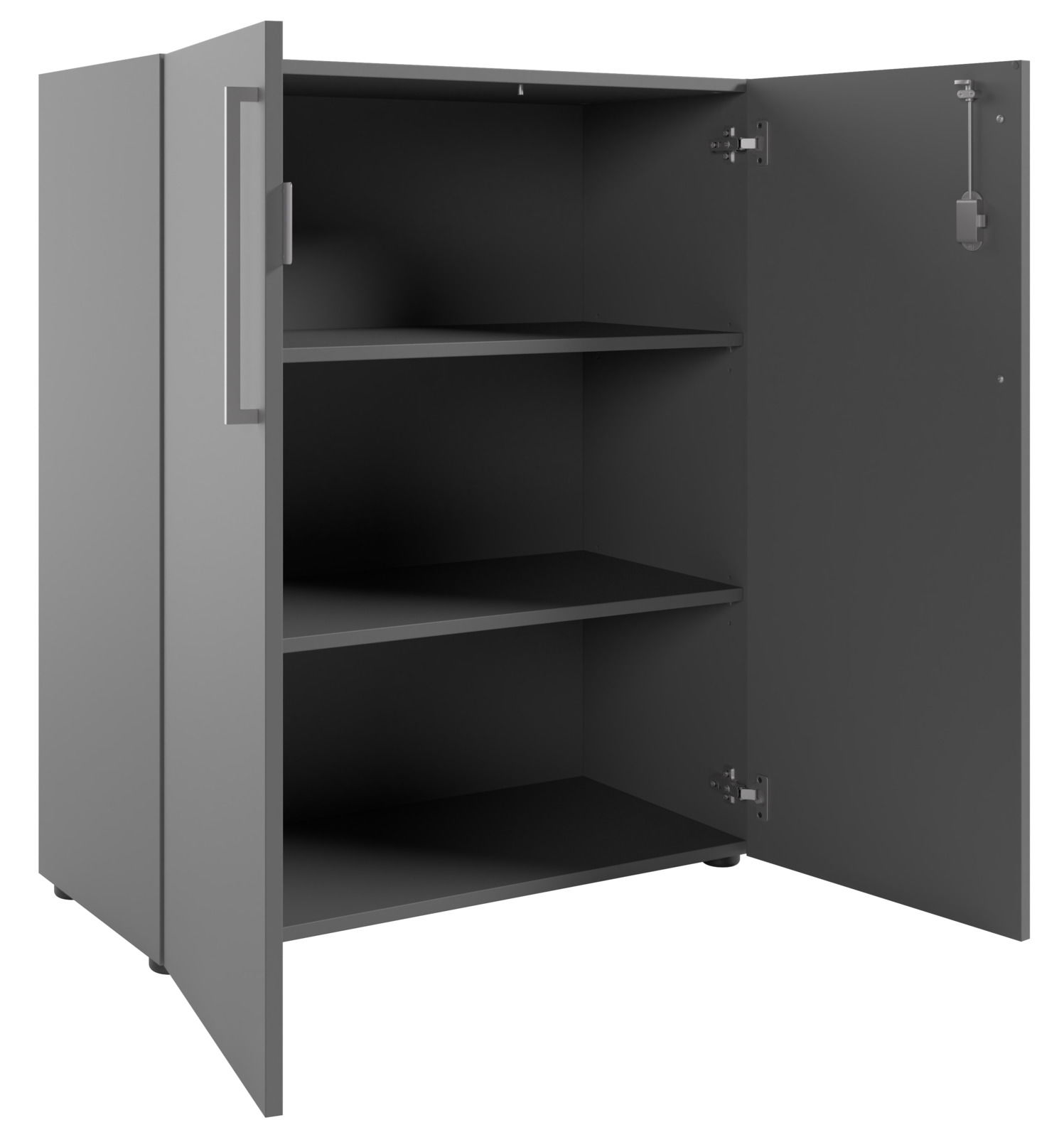 Grauer Aktenschrank mit zwei offenen Türen und drei Regalböden, seitliche Perspektive