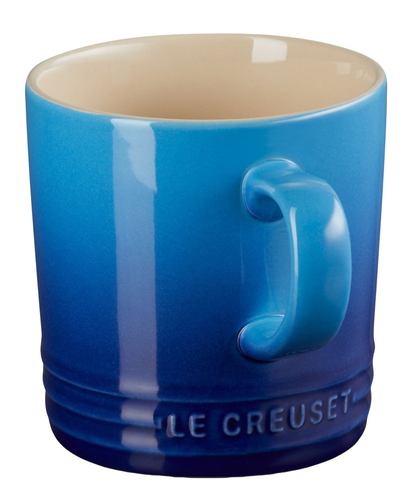 Blauer Becher mit Henkel, seitliche Perspektive