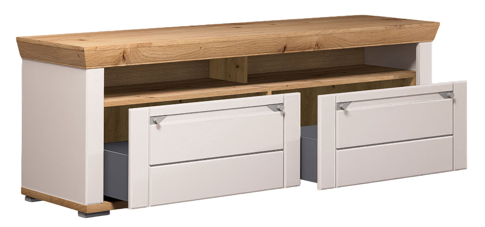 TV-Lowboard aus Holz mit zwei offenen Schubladen, Frontansicht