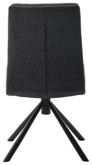 Rückansicht eines modernen Stuhls mit schwarzem Stoffbezug und vier schwarzen Metallbeinen.