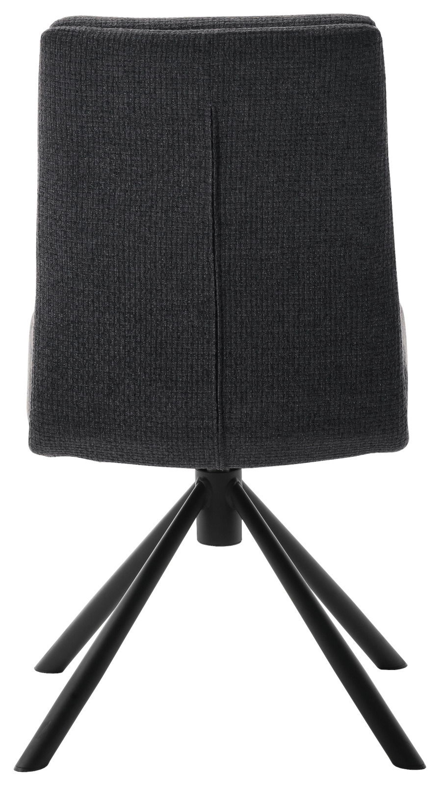 Rückansicht eines modernen Stuhls mit schwarzem Stoffbezug und vier schwarzen Metallbeinen.