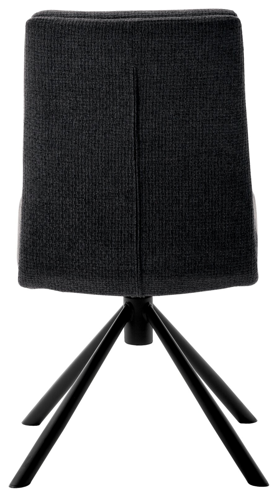 Rückansicht eines modernen Stuhls mit schwarzem Stoffbezug und vier schwarzen Metallbeinen.