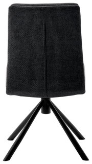 Rückansicht eines modernen Stuhls mit schwarzem Stoffbezug und vier schwarzen Metallbeinen.