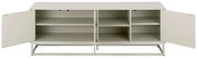 Weißes Sideboard/Lowboard mit zwei geöffneten Türen, mehreren offenen Regalfächern und Metallgestell, frontal aus leicht erhöhter Perspektive