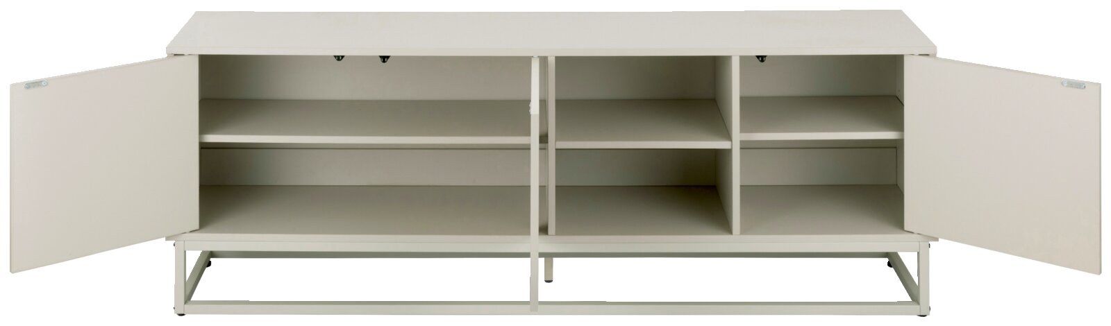 Weißes Sideboard/Lowboard mit zwei geöffneten Türen, mehreren offenen Regalfächern und Metallgestell, frontal aus leicht erhöhter Perspektive