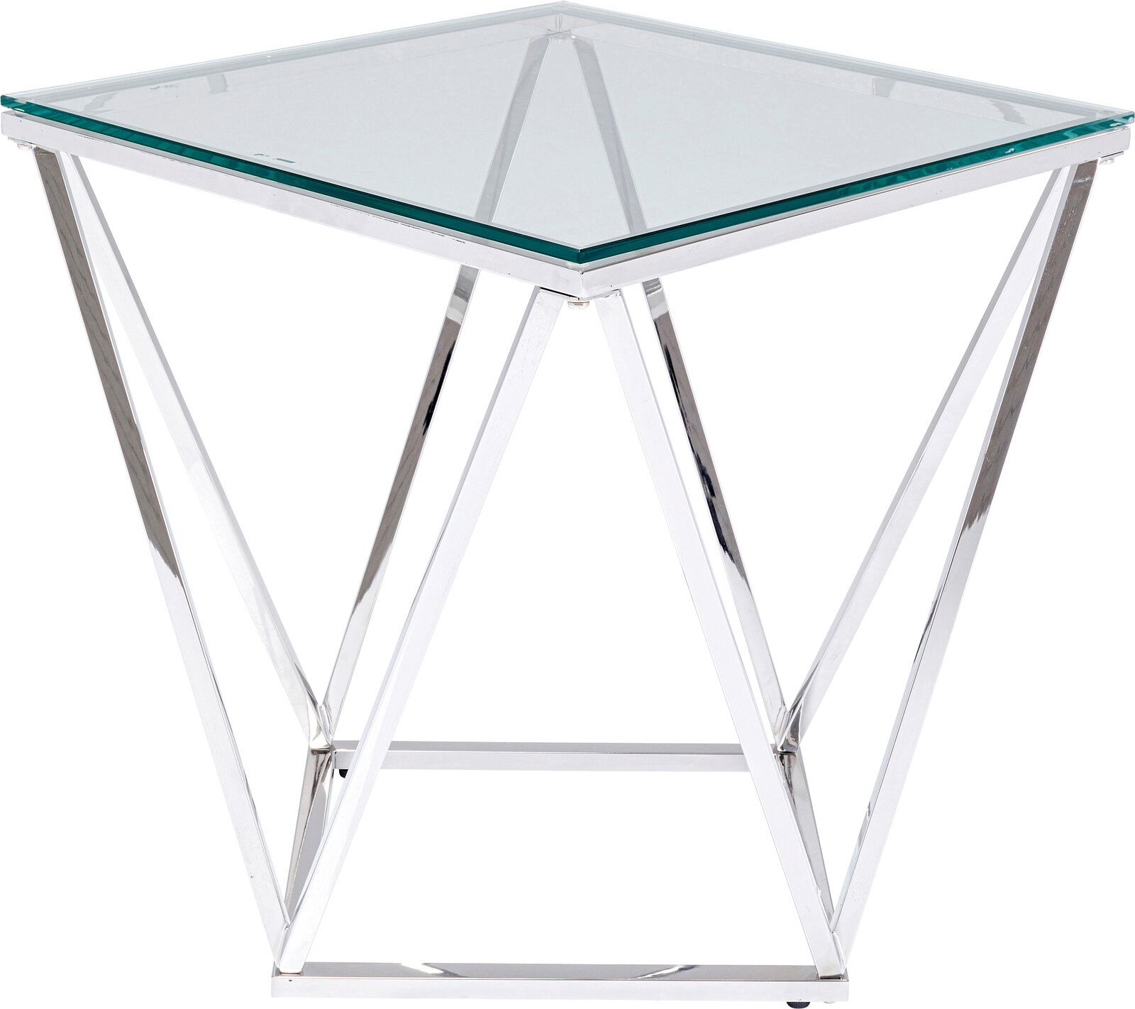 Moderner Beistelltisch mit Glasplatte und verchromtem Metallgestell, seitliche Perspektive