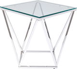 Moderner Beistelltisch mit Glasplatte und verchromtem Metallgestell, seitliche Perspektive