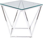 Moderner Beistelltisch mit Glasplatte und verchromtem Metallgestell, seitliche Perspektive