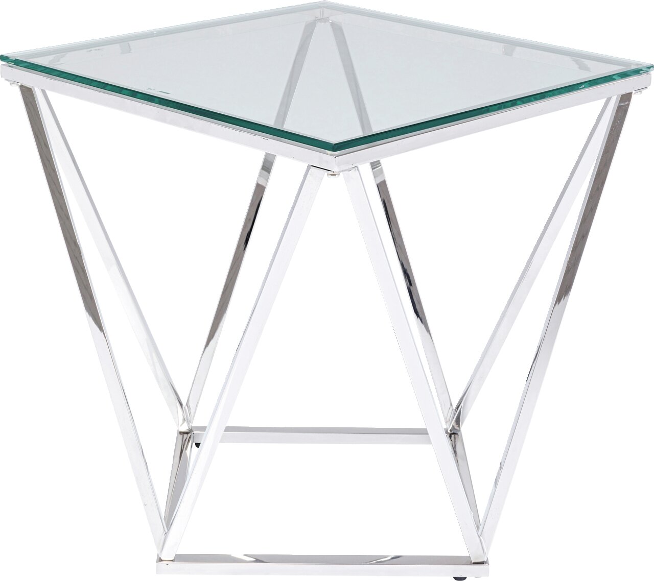 Moderner Beistelltisch mit Glasplatte und verchromtem Metallgestell, seitliche Perspektive