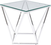Moderner Beistelltisch mit Glasplatte und verchromtem Metallgestell, seitliche Perspektive