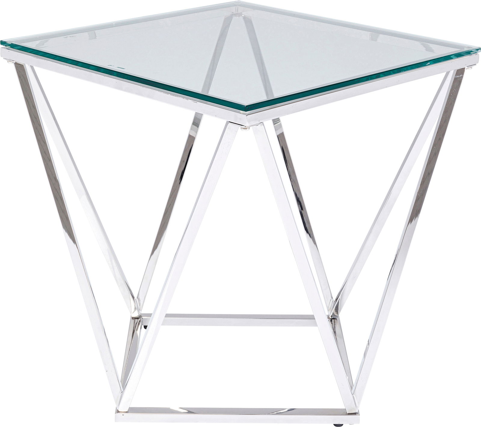 Moderner Beistelltisch mit Glasplatte und verchromtem Metallgestell, seitliche Perspektive