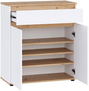 Weißer Kommodenschrank mit Holzoptik-Deckplatte, geöffneter Schublade und geöffneter Tür, innen mehrere Regalböden, Ansicht schräg von vorn.