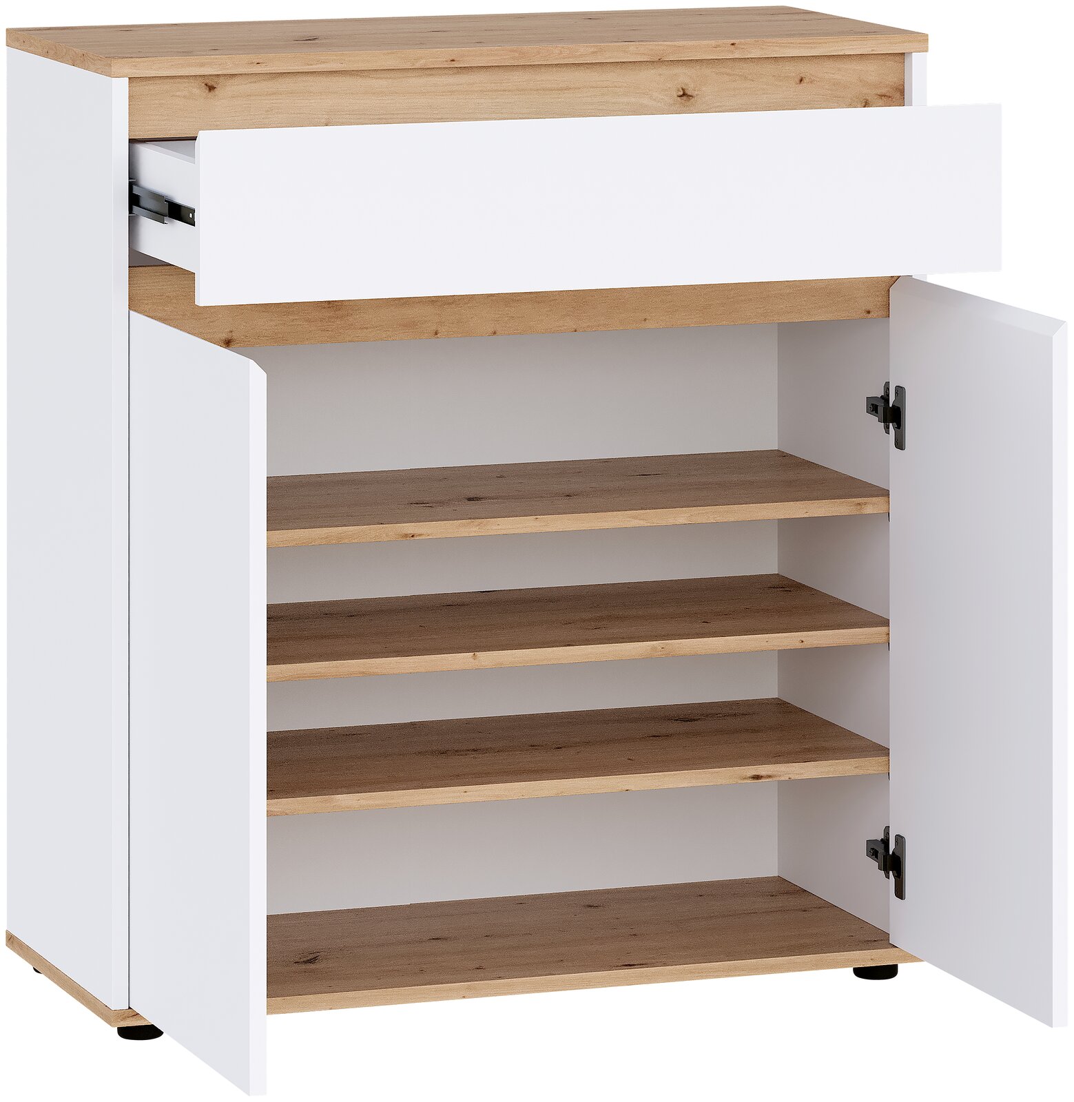 Weißer Kommodenschrank mit Holzoptik-Deckplatte, geöffneter Schublade und geöffneter Tür, innen mehrere Regalböden, Ansicht schräg von vorn.