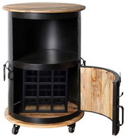 Runder Barschrank aus Holz und Metall mit geöffneter Tür, auf Rollen, Vorderansicht