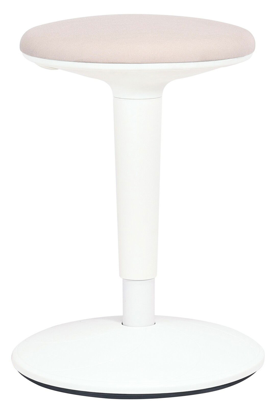 Moderner Sitzhocker mit weißem Gestell und beigem Sitzpolster, seitliche Perspektive