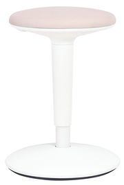 Moderner Sitzhocker mit weißem Gestell und beigem Sitzpolster, seitliche Perspektive