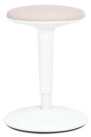 Moderner Sitzhocker mit weißem Gestell und beigem Sitzpolster, seitliche Perspektive