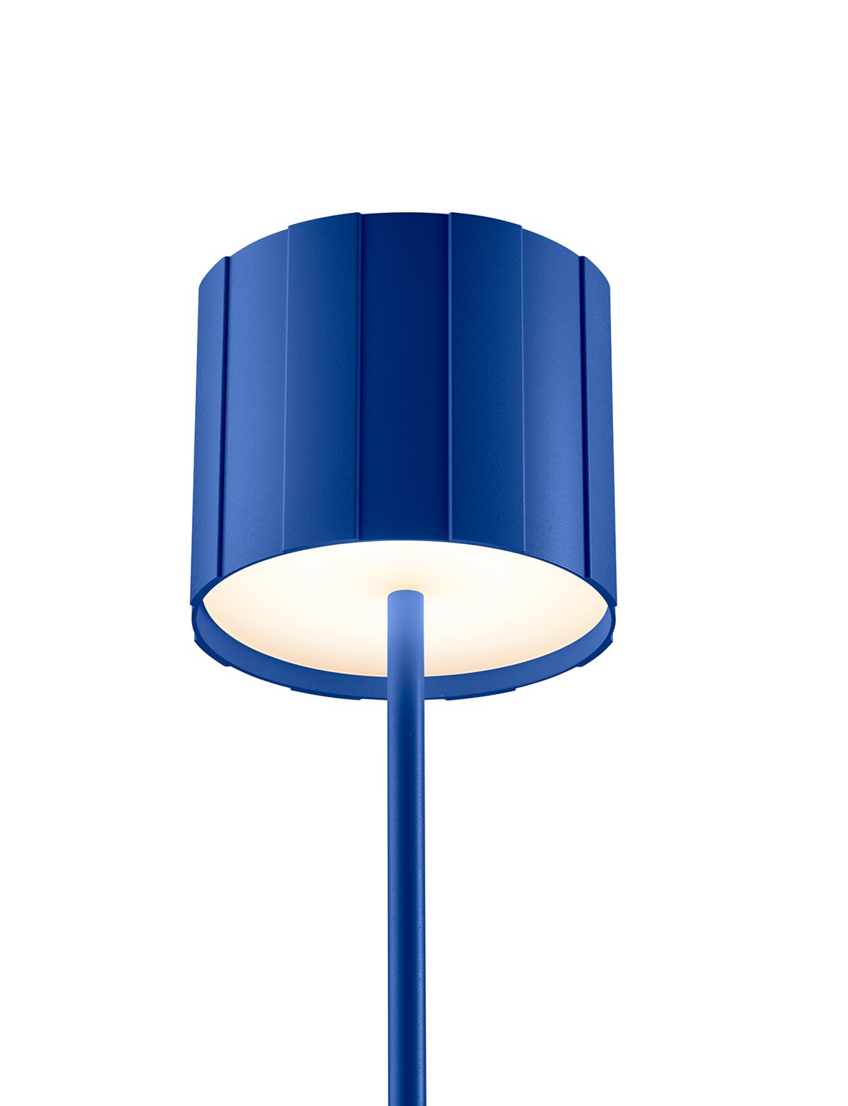 Blauwe accu-tafellamp met een modern ontwerp, zijaanzicht
