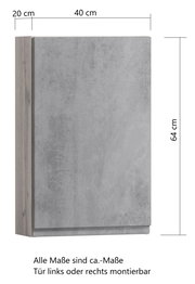Hängeschrank in Betonoptik, Maße 40x20x64 cm, Tür links oder rechts montierbar, Seitenansicht