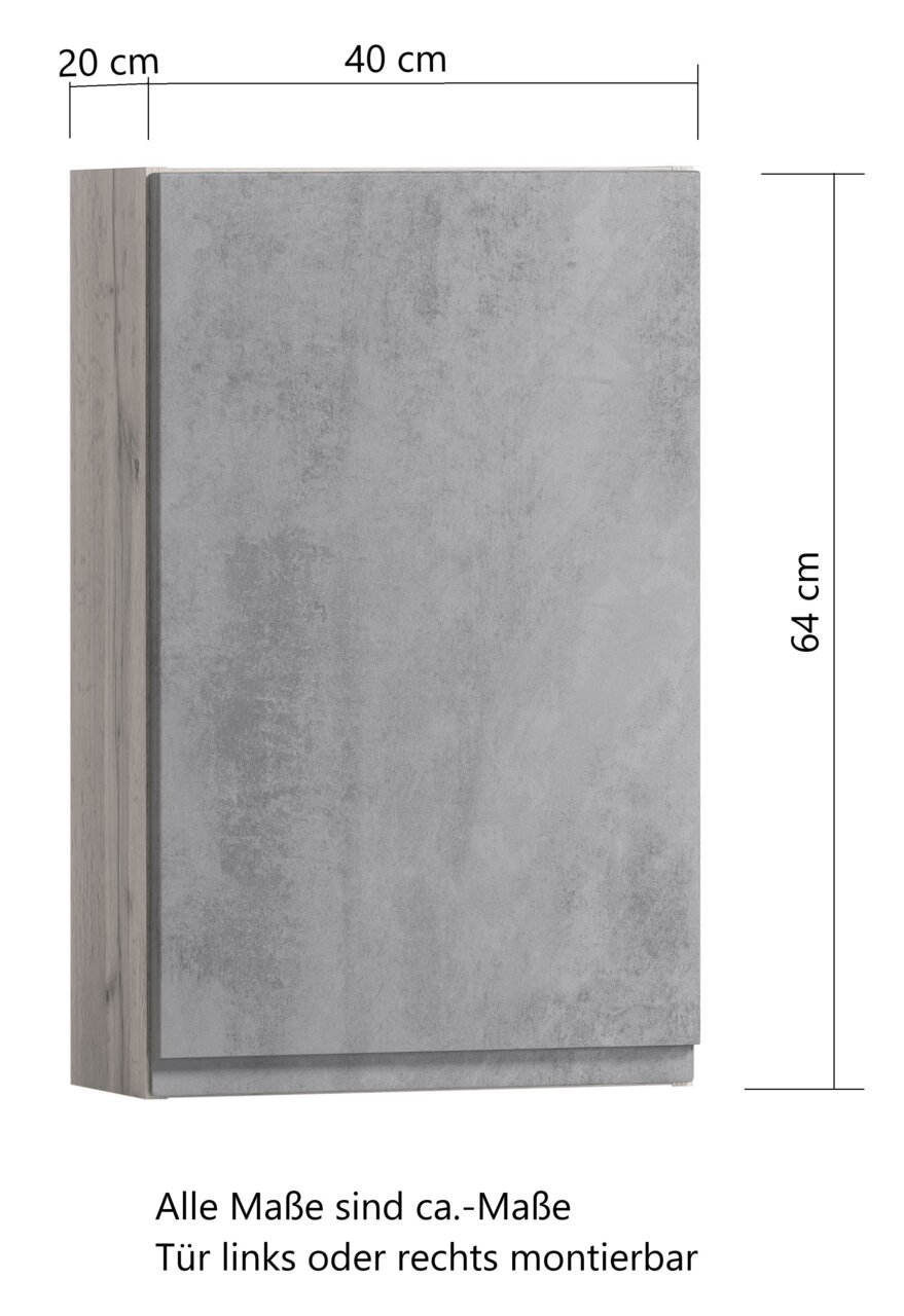 Hängeschrank in Betonoptik, Maße 40x20x64 cm, Tür links oder rechts montierbar, Seitenansicht
