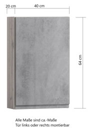 Hängeschrank in Betonoptik, Maße 40x20x64 cm, Tür links oder rechts montierbar, Seitenansicht