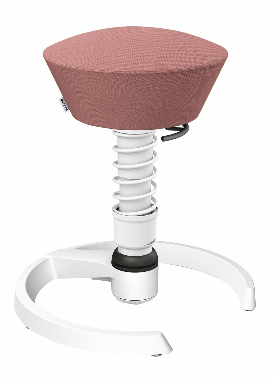 Aeris Swopper Ergonomischer Hocker Swopper mit rosafarbenem Sitzpolster und weißem Federmechanismus, seitliche Perspektive