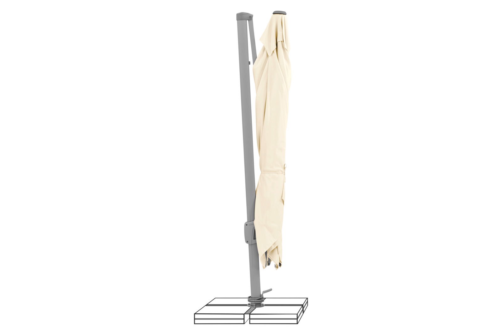 Seitliche Ansicht eines geschlossenen Ampelschirms mit beigem Stoff und grauem Gestell auf einem stabilen Standfuß.