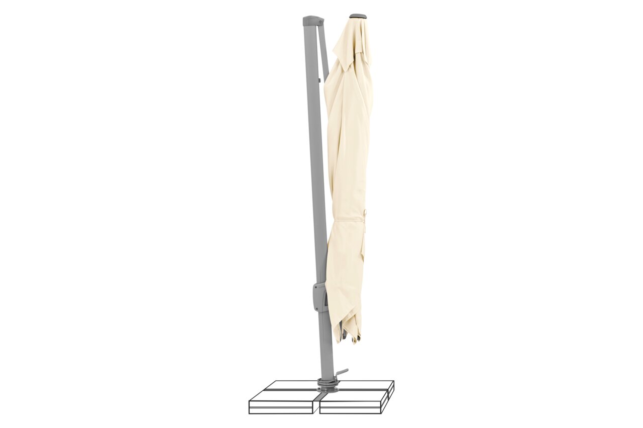 Zijaanzicht van een gesloten parasol met beige doek en grijs frame op een stevige voet.