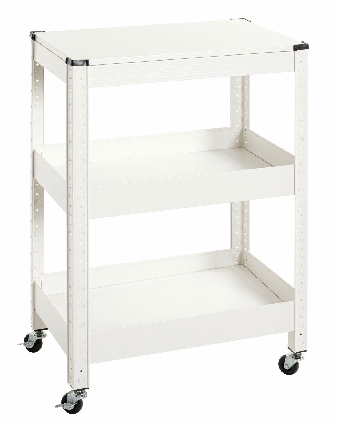 Weißer Servierwagen mit drei Ablagen und Rollen, seitliche Perspektive