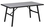 Moderner Gartentisch mit schwarzem Metallgestell und grauer Tischplatte, seitliche Perspektive