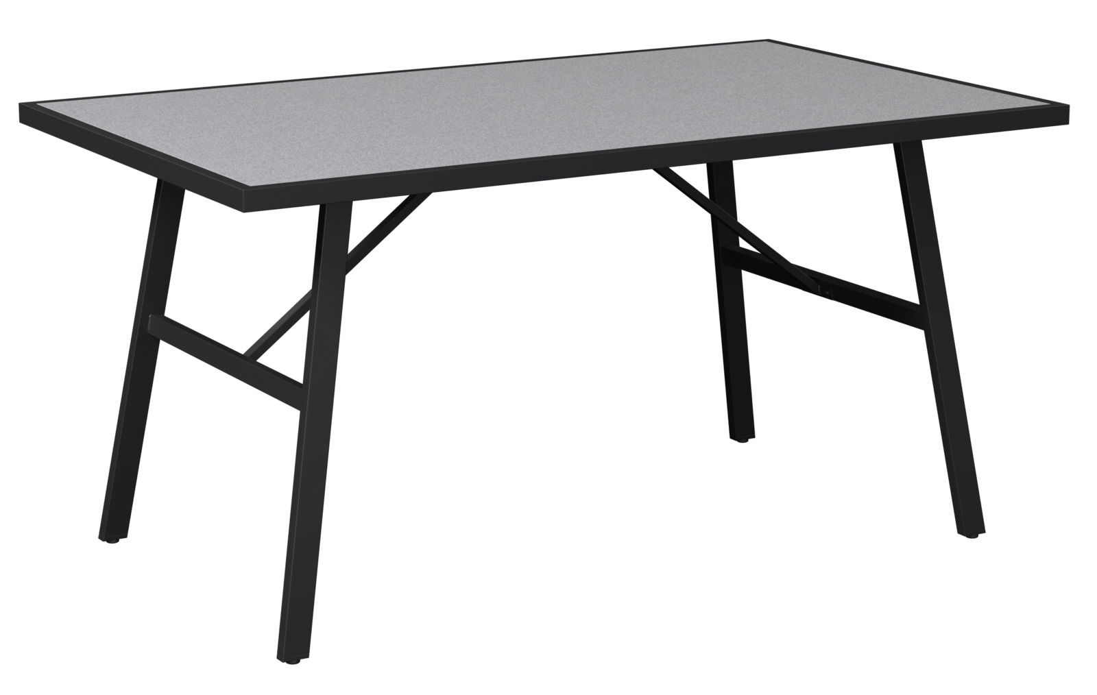 Moderner Gartentisch mit schwarzem Metallgestell und grauer Tischplatte, seitliche Perspektive