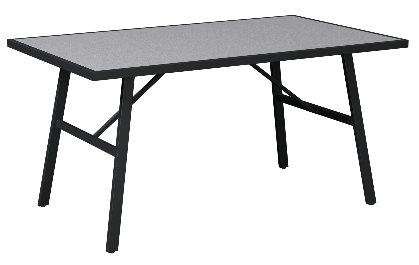 Moderner Gartentisch mit schwarzem Metallgestell und grauer Tischplatte, seitliche Perspektive