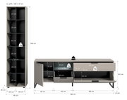 Maßgrafik eines modernen Möbelsets in Grau: hoher Schrank (ca. 245×192×41 cm) und niedriges Sideboard (ca. 185×64×41 cm) mit offenen Fächern, Klappen/Schublade und Traglastangaben, dargestellt in Frontansicht.