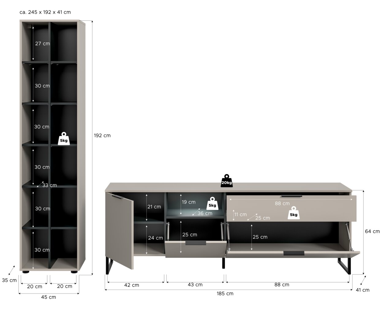 Maßgrafik eines modernen Möbelsets in Grau: hoher Schrank (ca. 245×192×41 cm) und niedriges Sideboard (ca. 185×64×41 cm) mit offenen Fächern, Klappen/Schublade und Traglastangaben, dargestellt in Frontansicht.