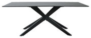 Moderner Esstisch mit schwarzer X-förmiger Metallbasis, seitliche Perspektive