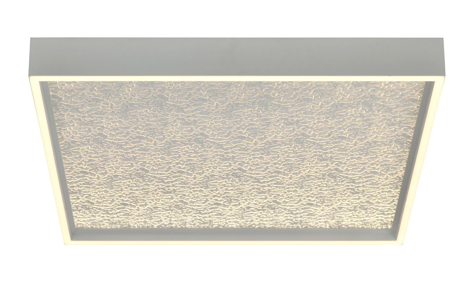 Quadratische LED-Deckenleuchte mit strukturiertem Glas, Ansicht von unten