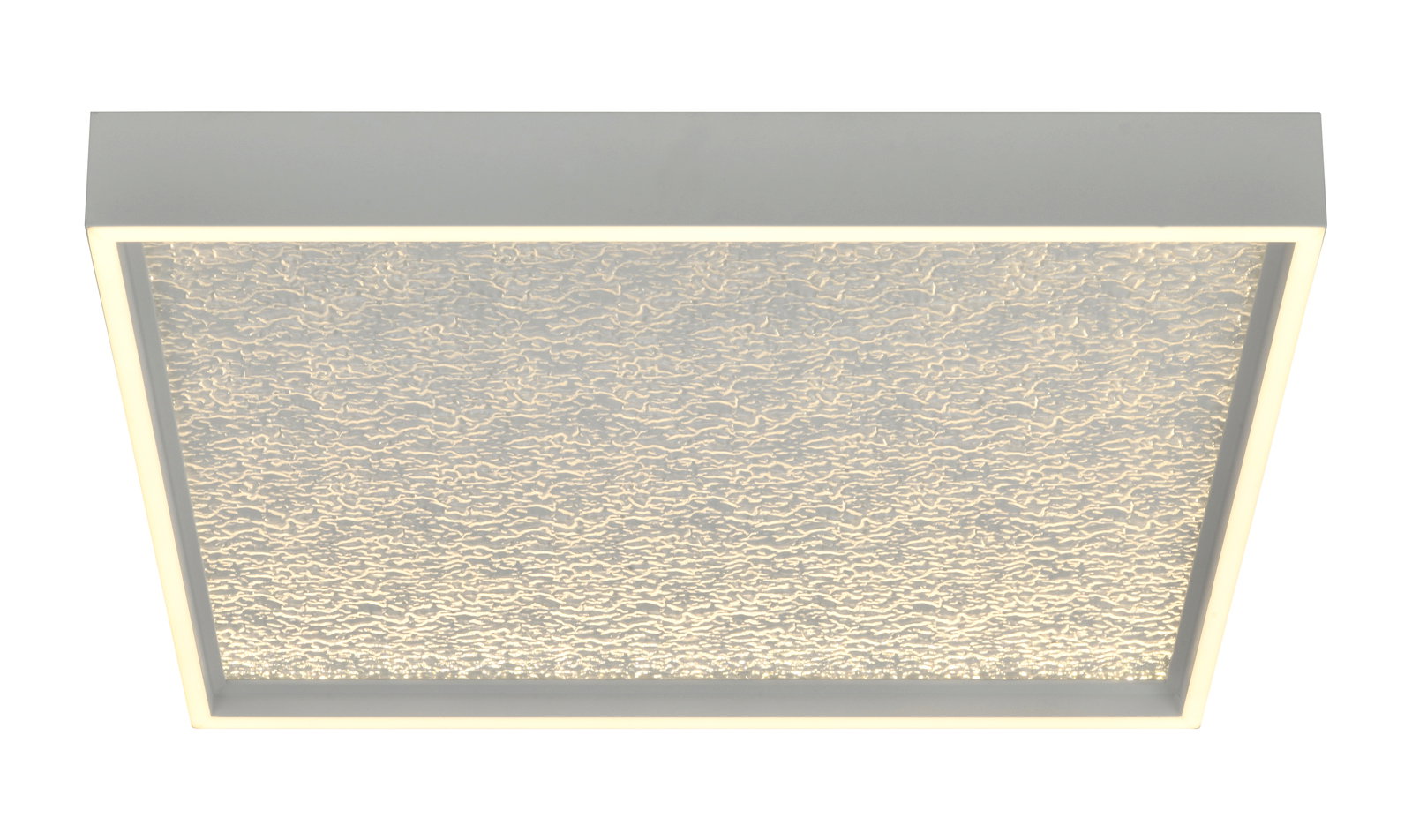 Quadratische LED-Deckenleuchte mit strukturiertem Glas, Ansicht von unten
