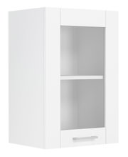 Weißer Hängeschrank mit Glastür und silbernem Griff, Innenboden sichtbar, aus leicht schräger Frontansicht vor hellem Hintergrund