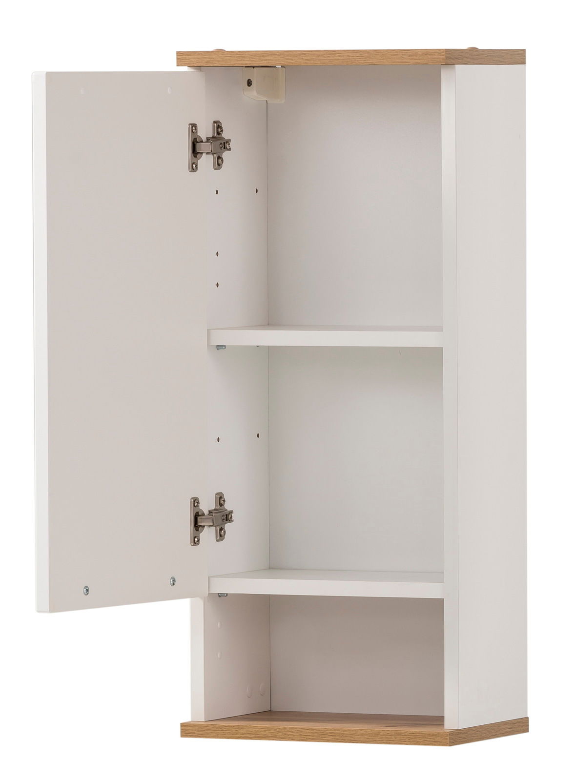 Offener Wandschrank mit zwei Regalböden, weiße Türen und Holzdetails, Frontalansicht