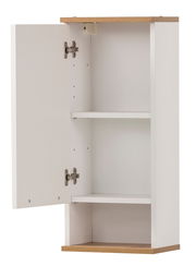 Offener Wandschrank mit zwei Regalböden, weiße Türen und Holzdetails, Frontalansicht