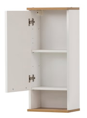 Offener Wandschrank mit zwei Regalböden, weiße Türen und Holzdetails, Frontalansicht