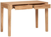 Holzschreibtisch mit zwei geöffneten Schubladen, seitliche Perspektive