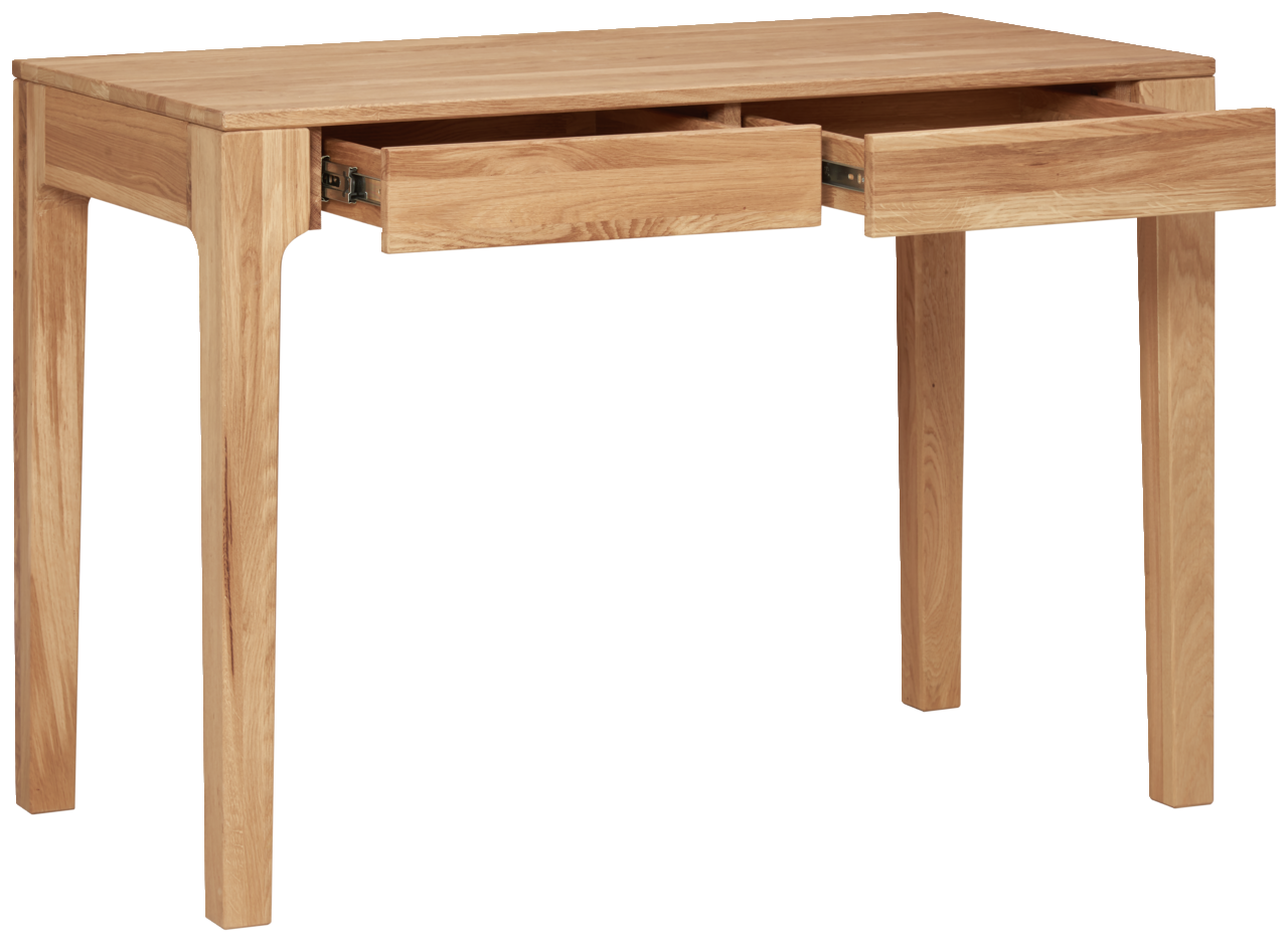 Holzschreibtisch mit zwei geöffneten Schubladen, seitliche Perspektive