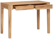 Holzschreibtisch mit zwei geöffneten Schubladen, seitliche Perspektive